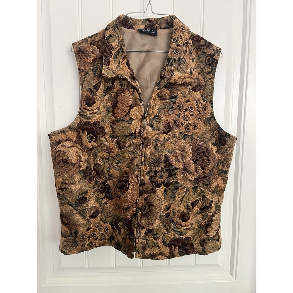 VTG Crazy Horse Liz Claiborne XL Floral Tapestry Vest Cottagecore Zip Lined 731